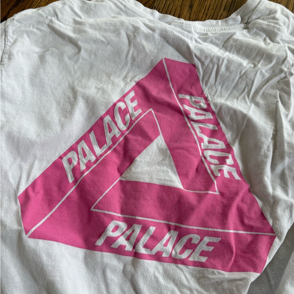 PALACE White and Pink Short Sleeve Tee with Tri-Fold Logo